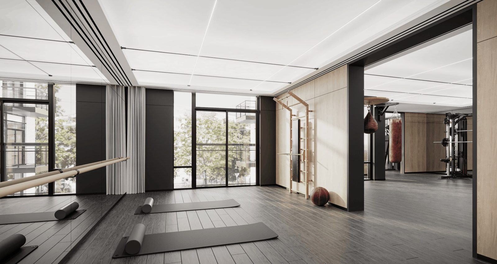 Rendering of the fitness studio with ballet barre, yoga mats, wall bars and boxing area
