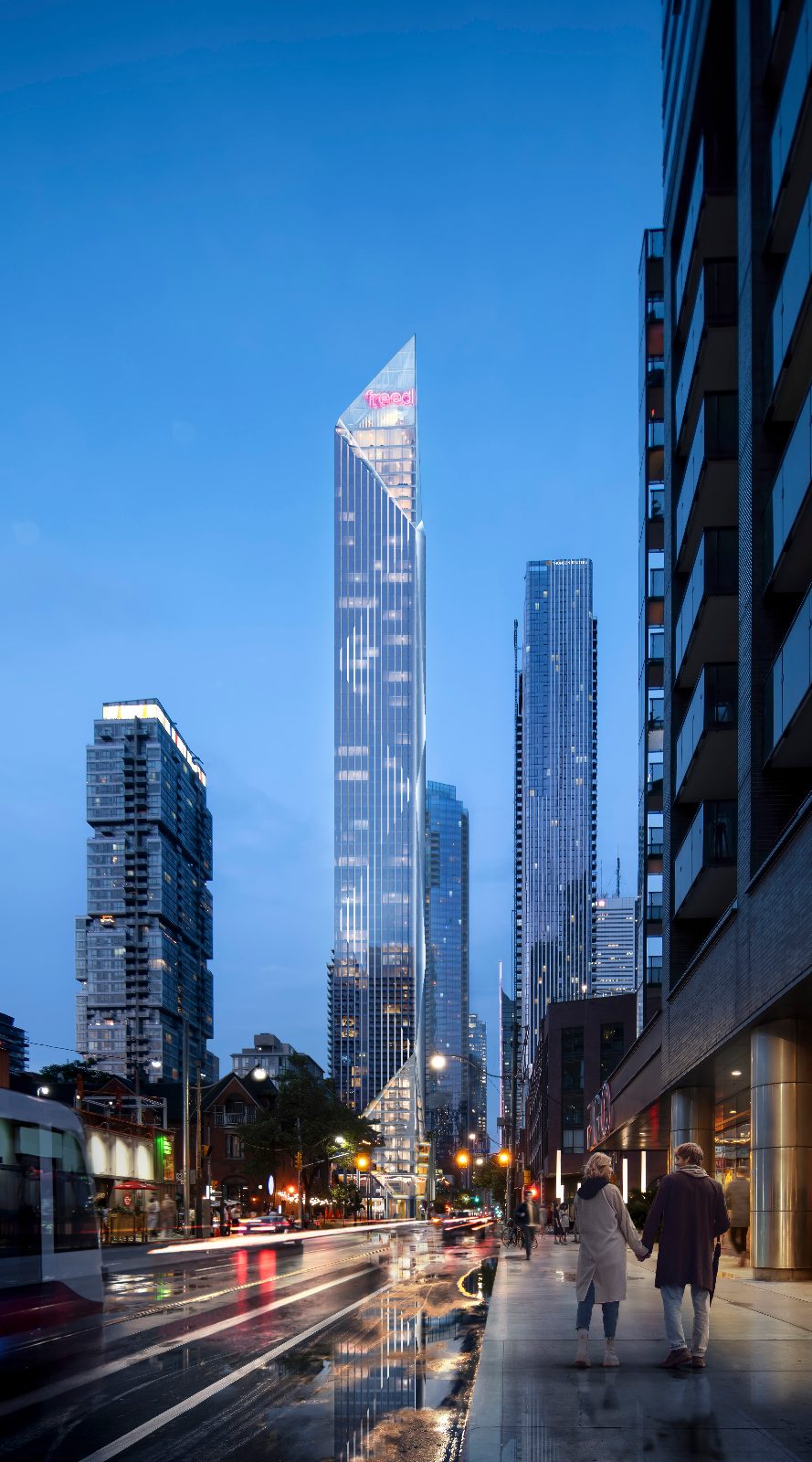 Evening street-level rendering of the Freed Hotel & Residences tower glowing above Hotel Alley in downtown Toronto