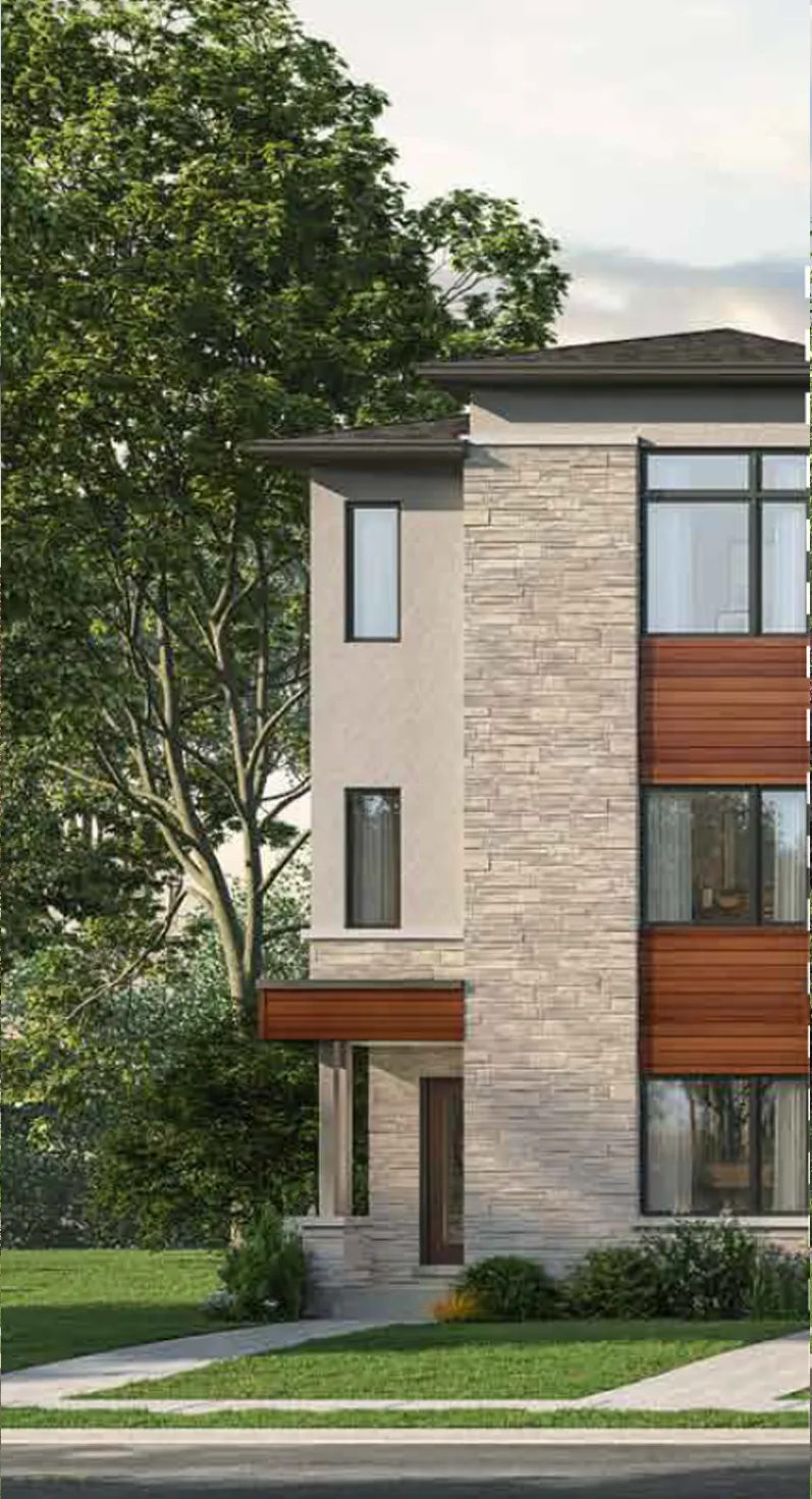 Artist's rendering of the Hogarth End Elevation B contemporary townhome with ledgestone, stucco and wood-tone panels