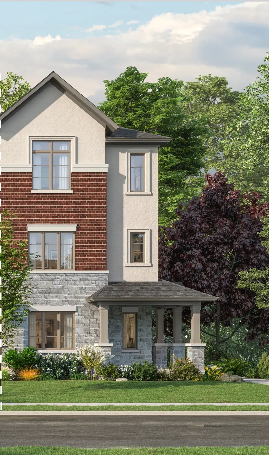 Artist's rendering of a South Cornell freehold rear-lane townhome with brick, stone and stucco façade and covered front porch