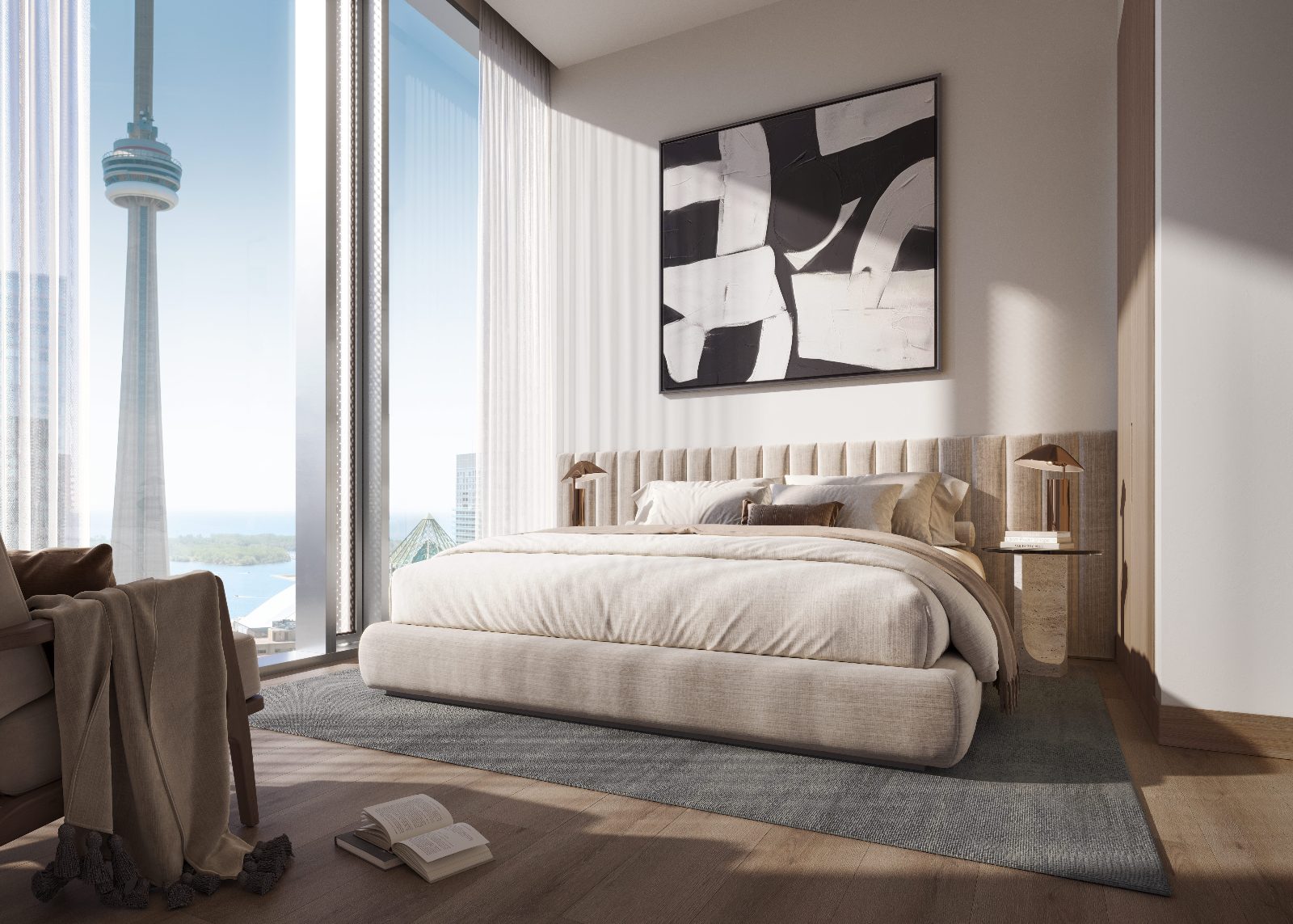 Rendering of a serene bedroom with floor-to-ceiling windows framing the CN Tower and Lake Ontario