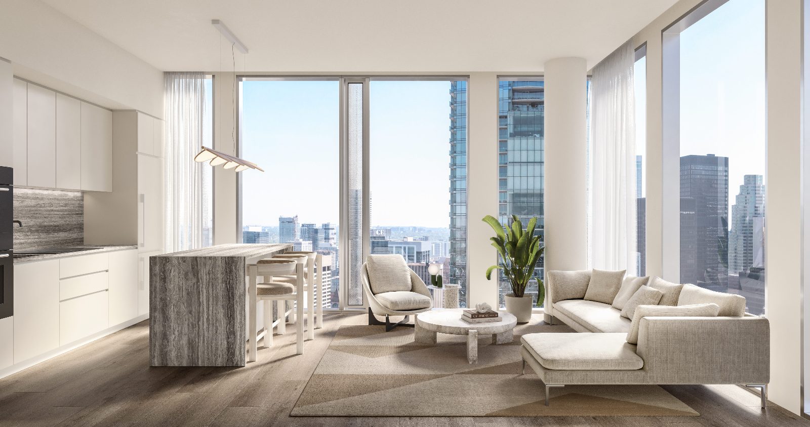 Rendering of a bright residential suite with a marble waterfall island, integrated kitchen and floor-to-ceiling windows overlooking downtown Toronto