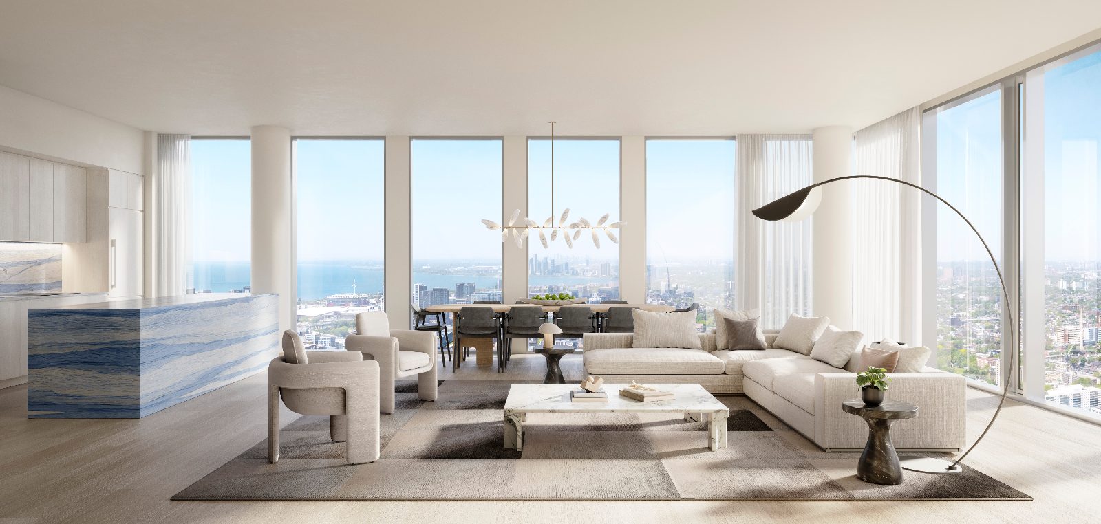 Rendering of a penthouse living and dining room with a blue marble island and panoramic lake and city views