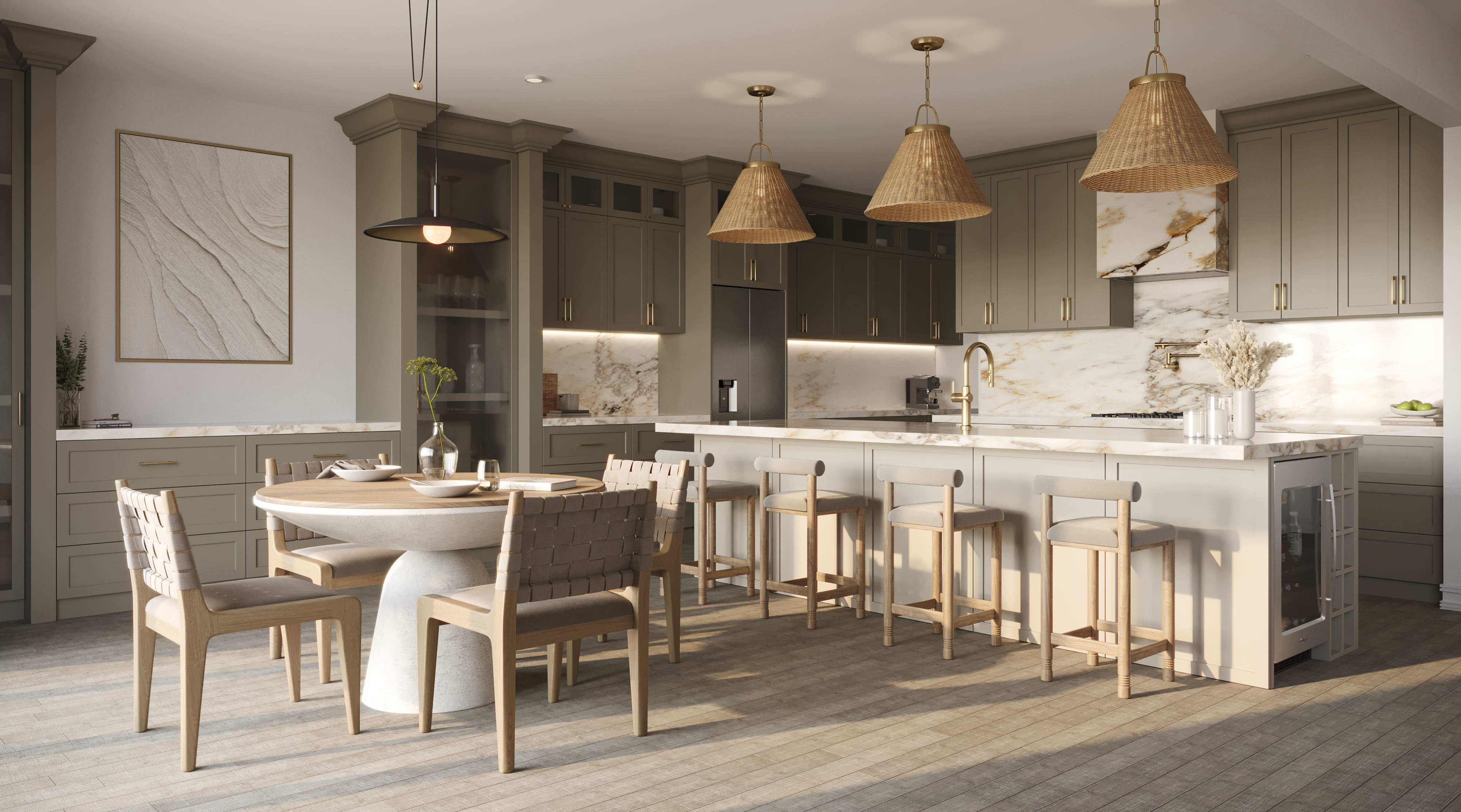 Designer kitchen with marble countertops and breakfast seating