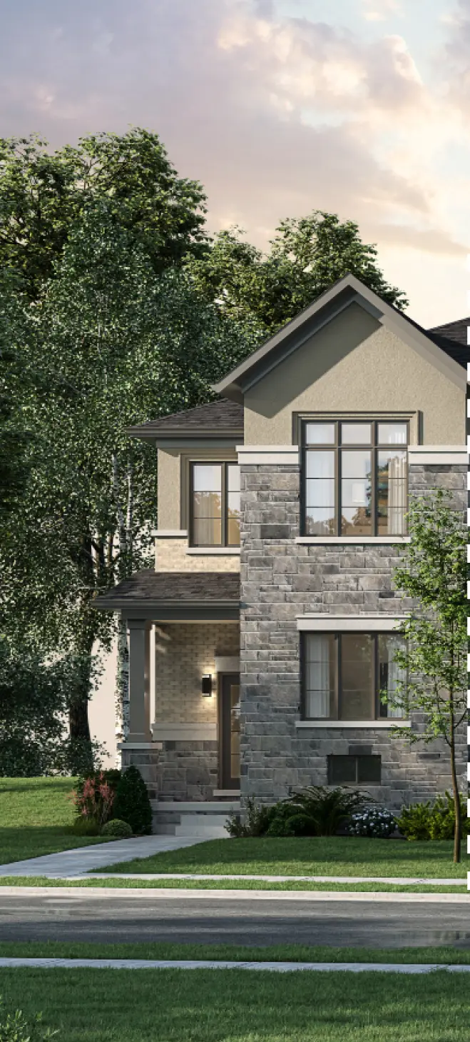 Artist's rendering of the Langstaff Elevation A townhome with stone façade, covered porch and tall windows at sunset