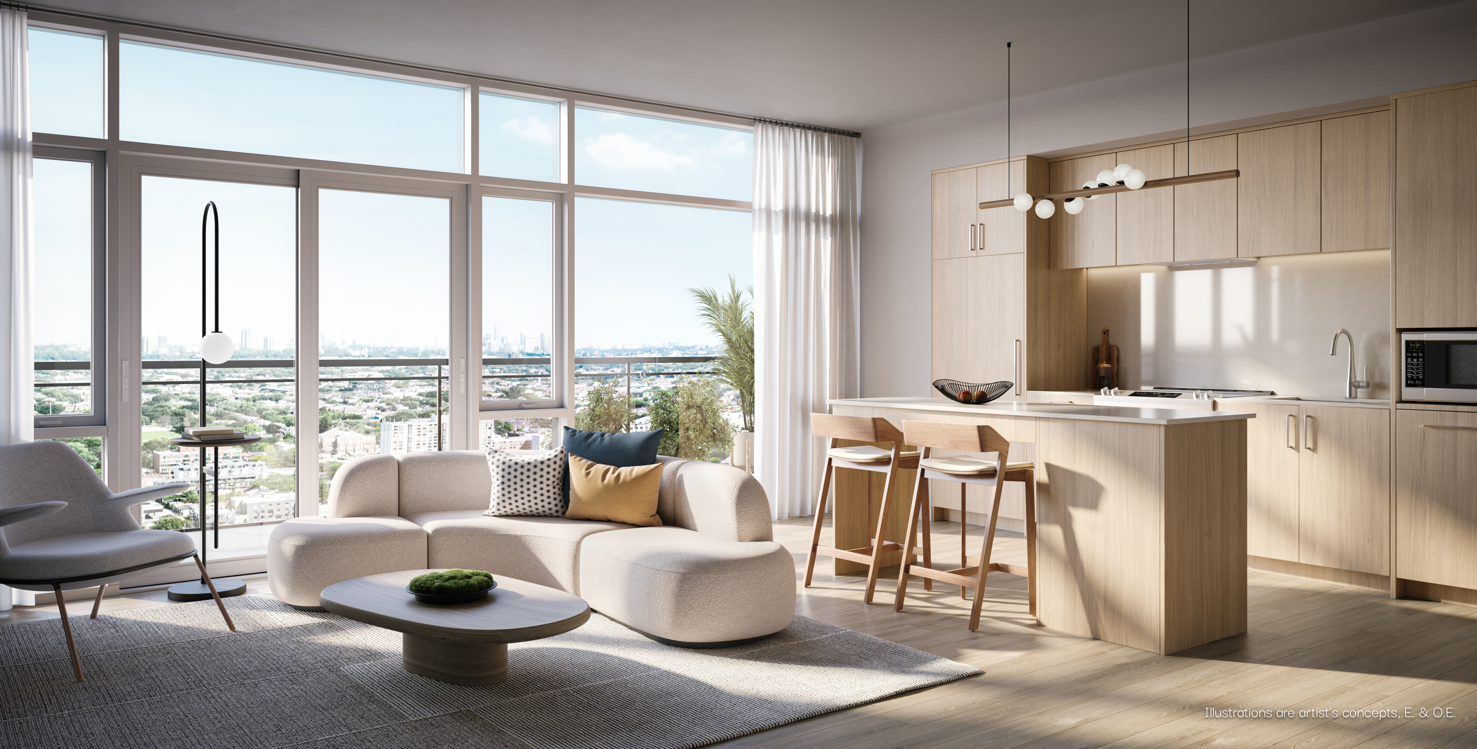 Bright modern BLVD.Q suite living room and kitchen with skyline views