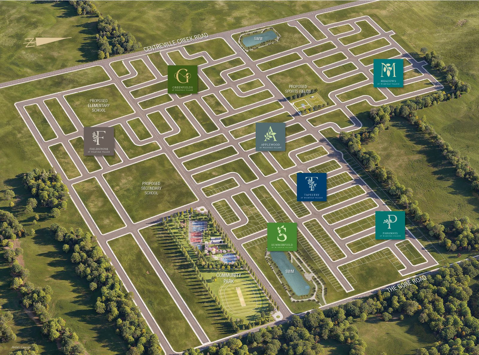 Aerial master plan of Wildfield Village showing Summerfield and neighbouring communities, parks and schools