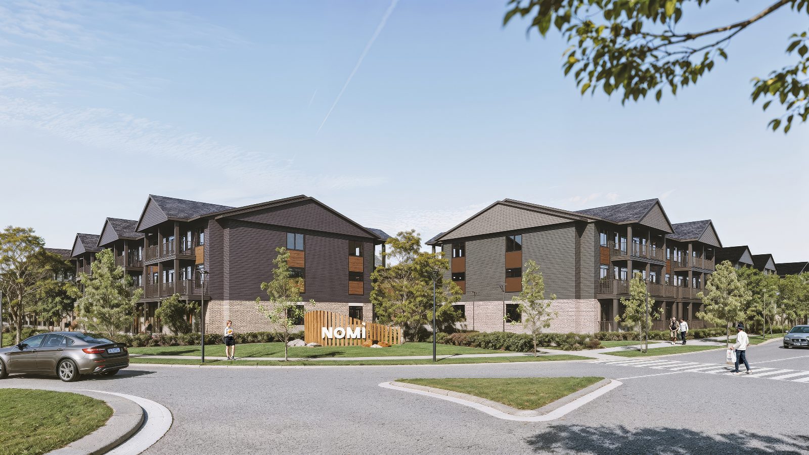 Artist's rendering of NOMI stacked urban towns with wood-slat NOMI entry sign at a landscaped street corner in Doon South, Kitchener