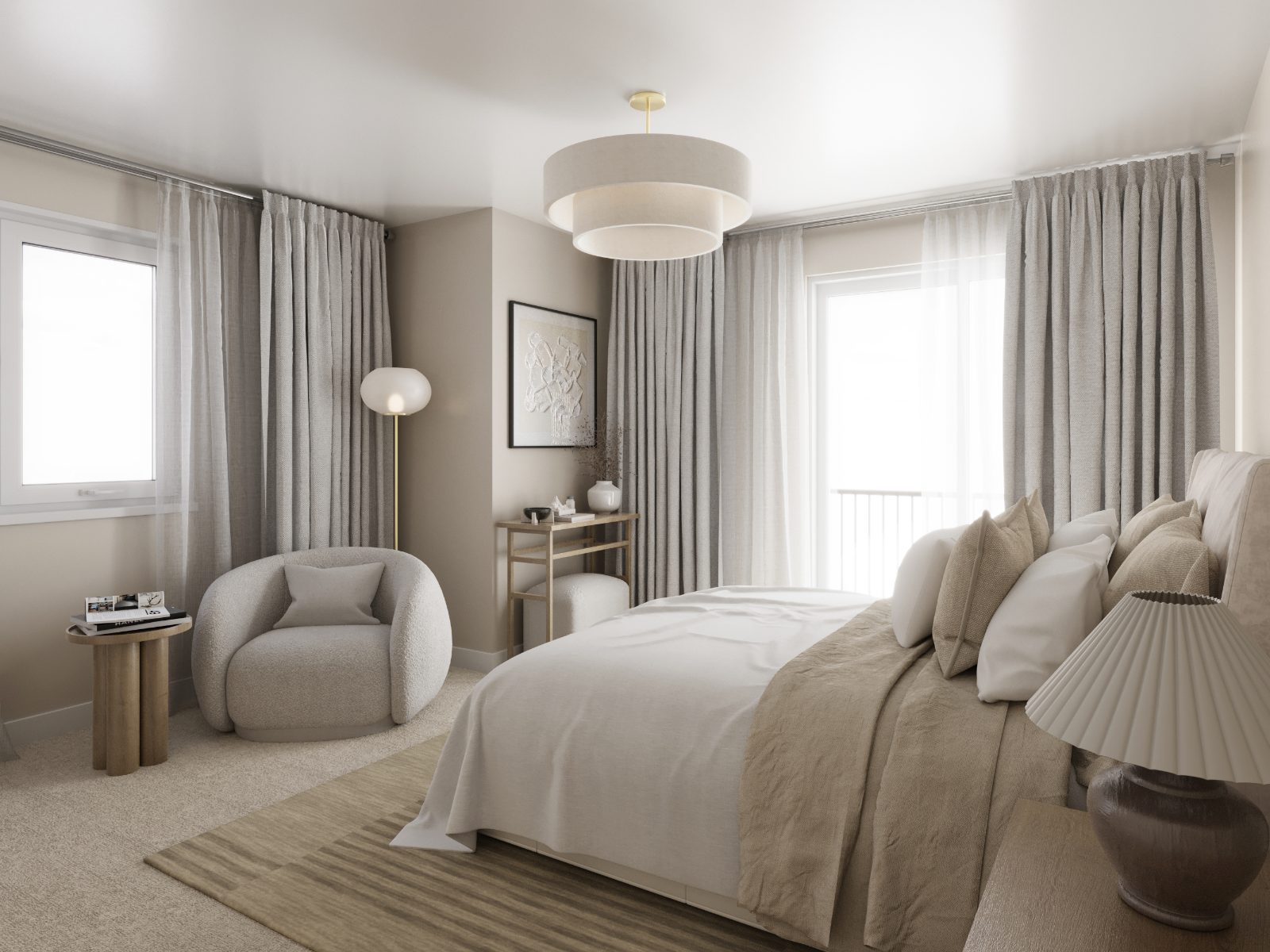 Serene primary bedroom in soft neutral tones with sliding door to balcony