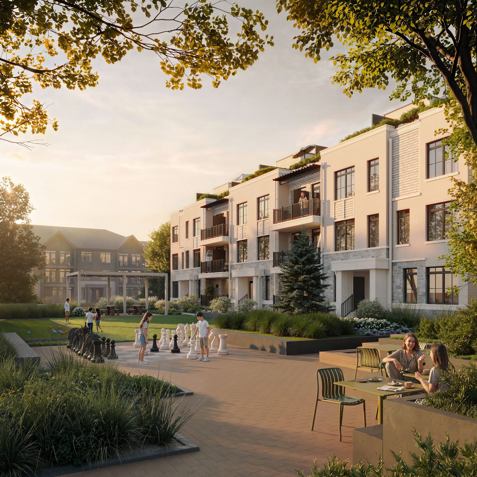 Artist's concept of South Banks townhomes at golden hour, overlooking a landscaped courtyard with over-sized chess, bocce and café seating