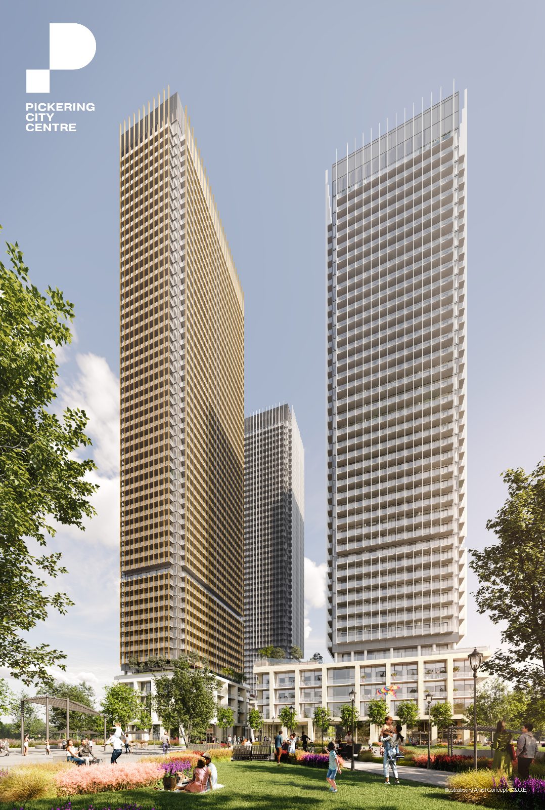 Rendering of the Pickering City Centre Block 1 towers rising above a landscaped public park