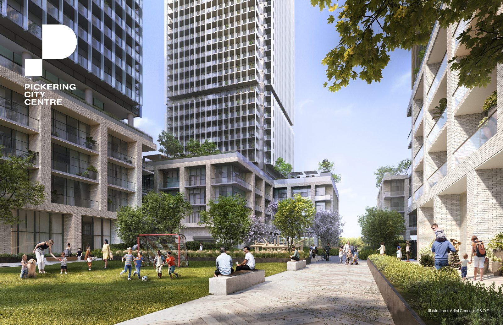Outdoor community courtyard with families and green space