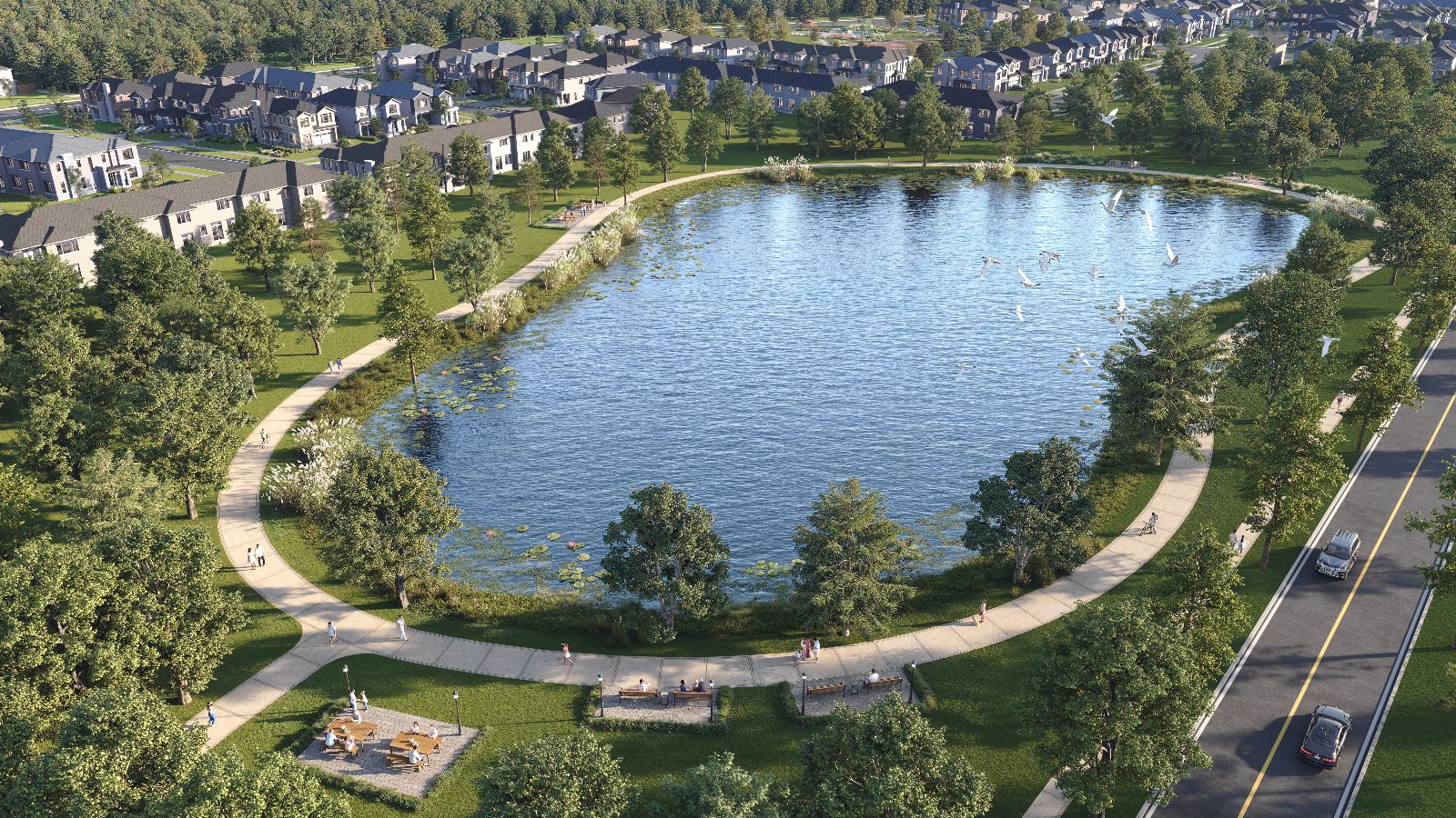 Rendering of the North Hill pond surrounded by a walking path, benches, picnic tables and trees