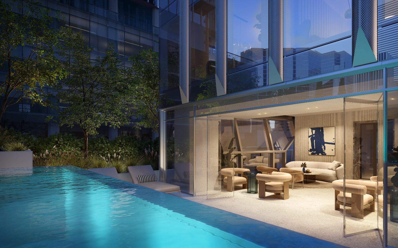 Rendering of the pool terrace and glass-walled lounge at dusk