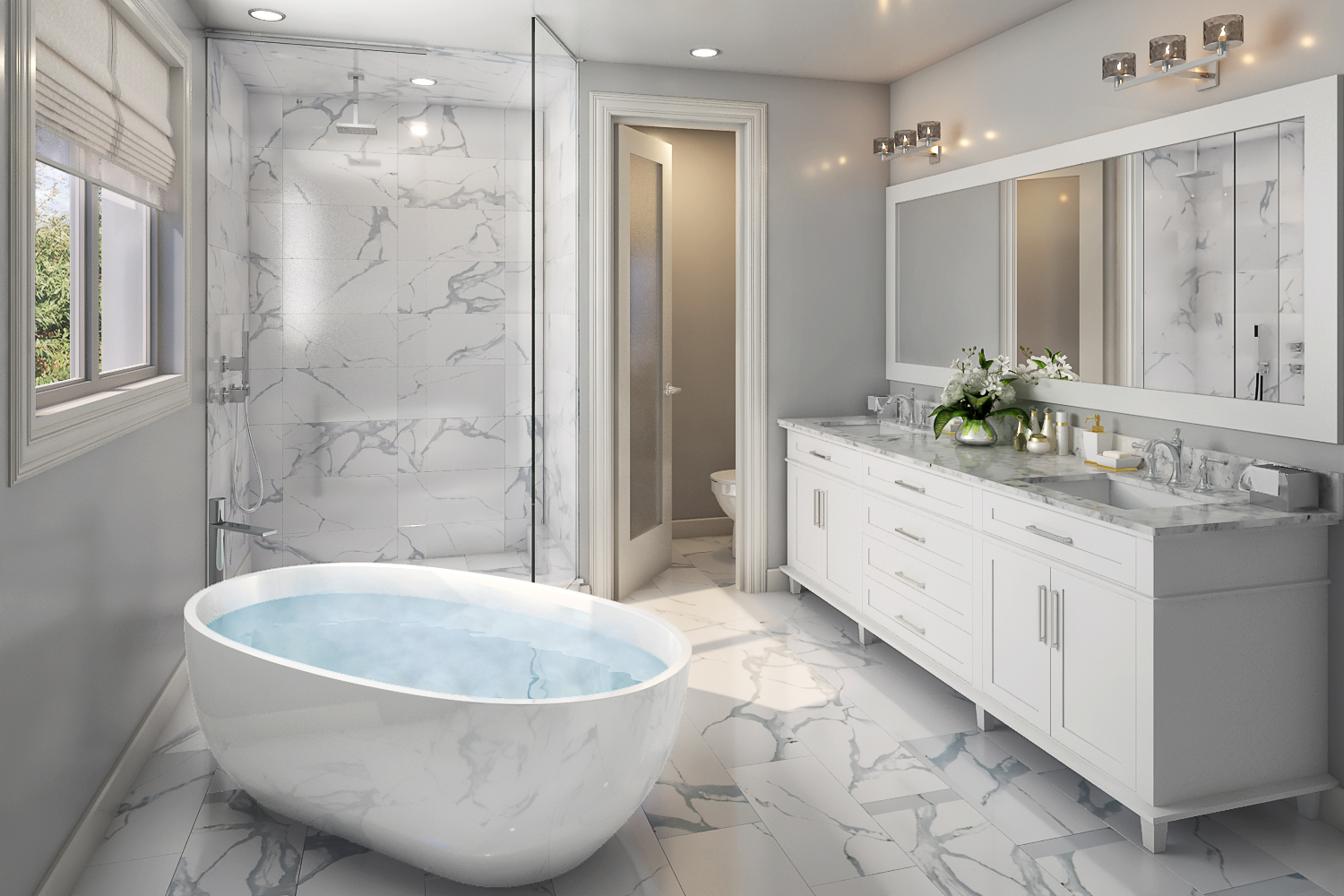 Spa-style primary ensuite with freestanding tub and double vanity