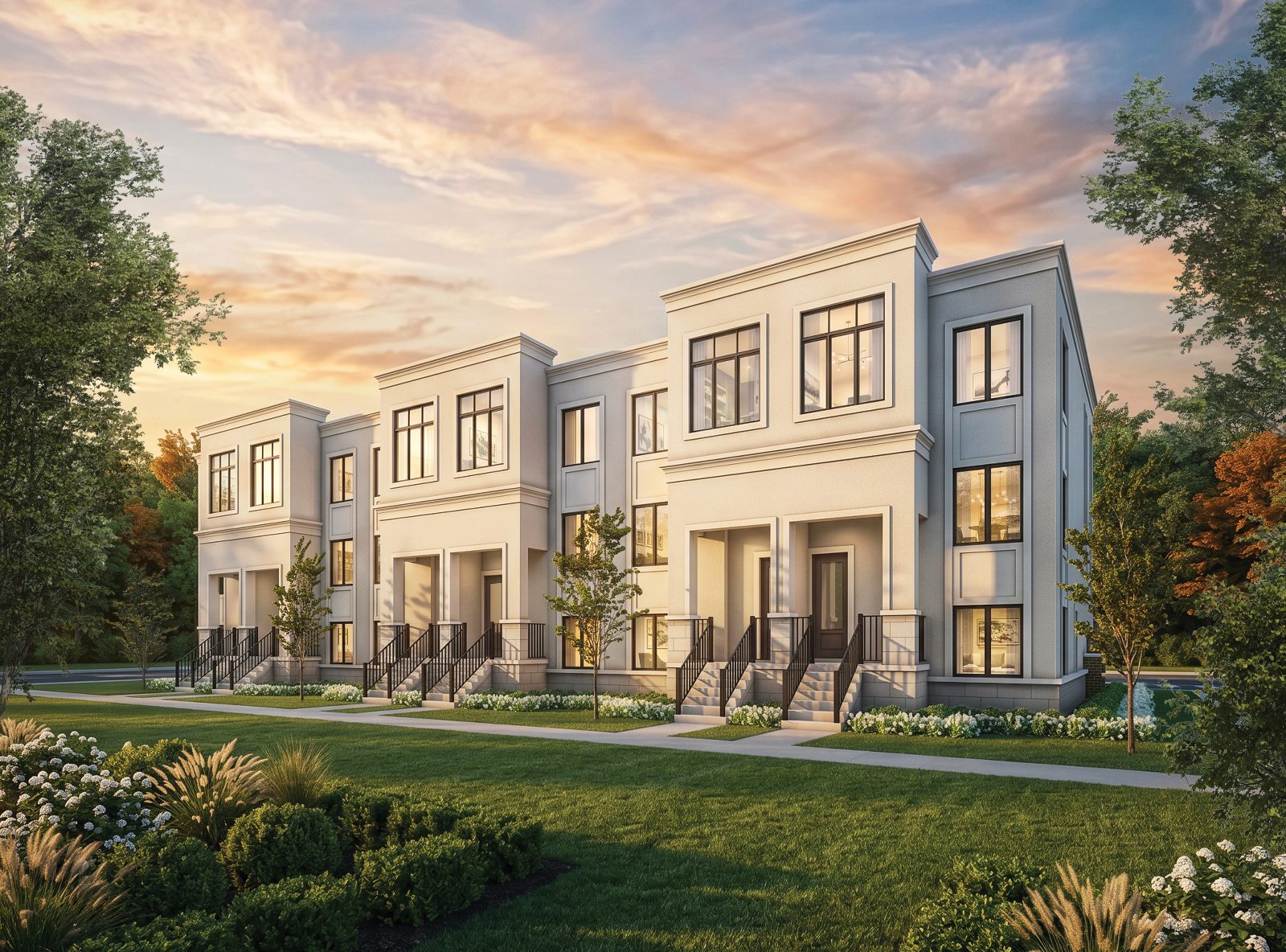 Exterior rendering of Avella townhomes at dusk with landscaped gardens