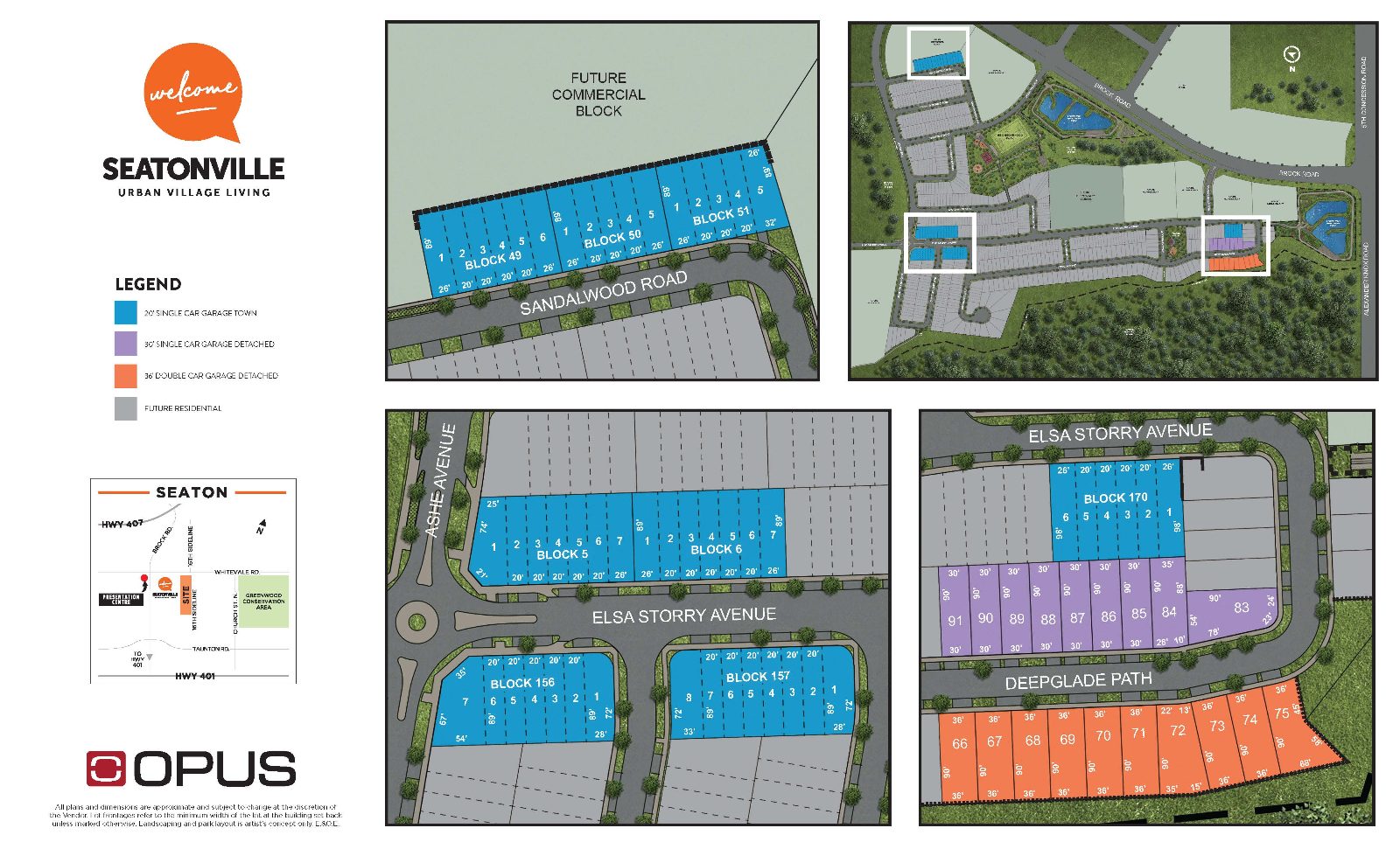 Seatonville site plan showing townhome blocks on Sandalwood Road and Elsa Storry Avenue, 30-foot detached lots 83 to 91 and 36-foot detached lots 66 to 75 on Deepglade Path