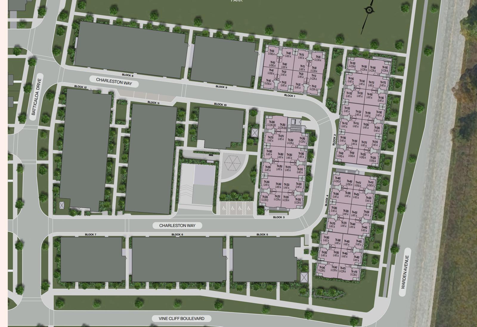 Unity site plan showing townhome blocks along Charleston Way near Warden Avenue, Vine Cliff Boulevard and Batticaloa Drive, with an adjacent park