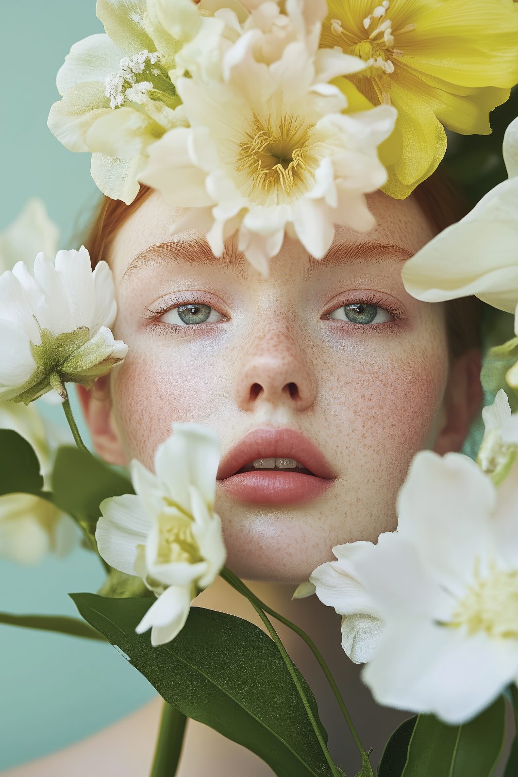Unity campaign imagery: a portrait framed by soft white and yellow blossoms