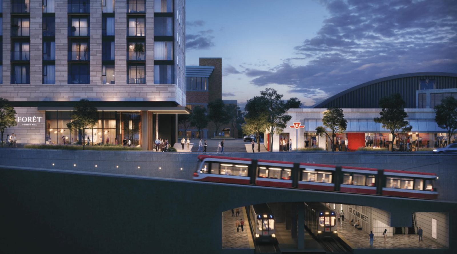 Evening rendering of the Forêt Forest Hill streetscape with a TTC streetcar on St. Clair and St. Clair West subway platforms below
