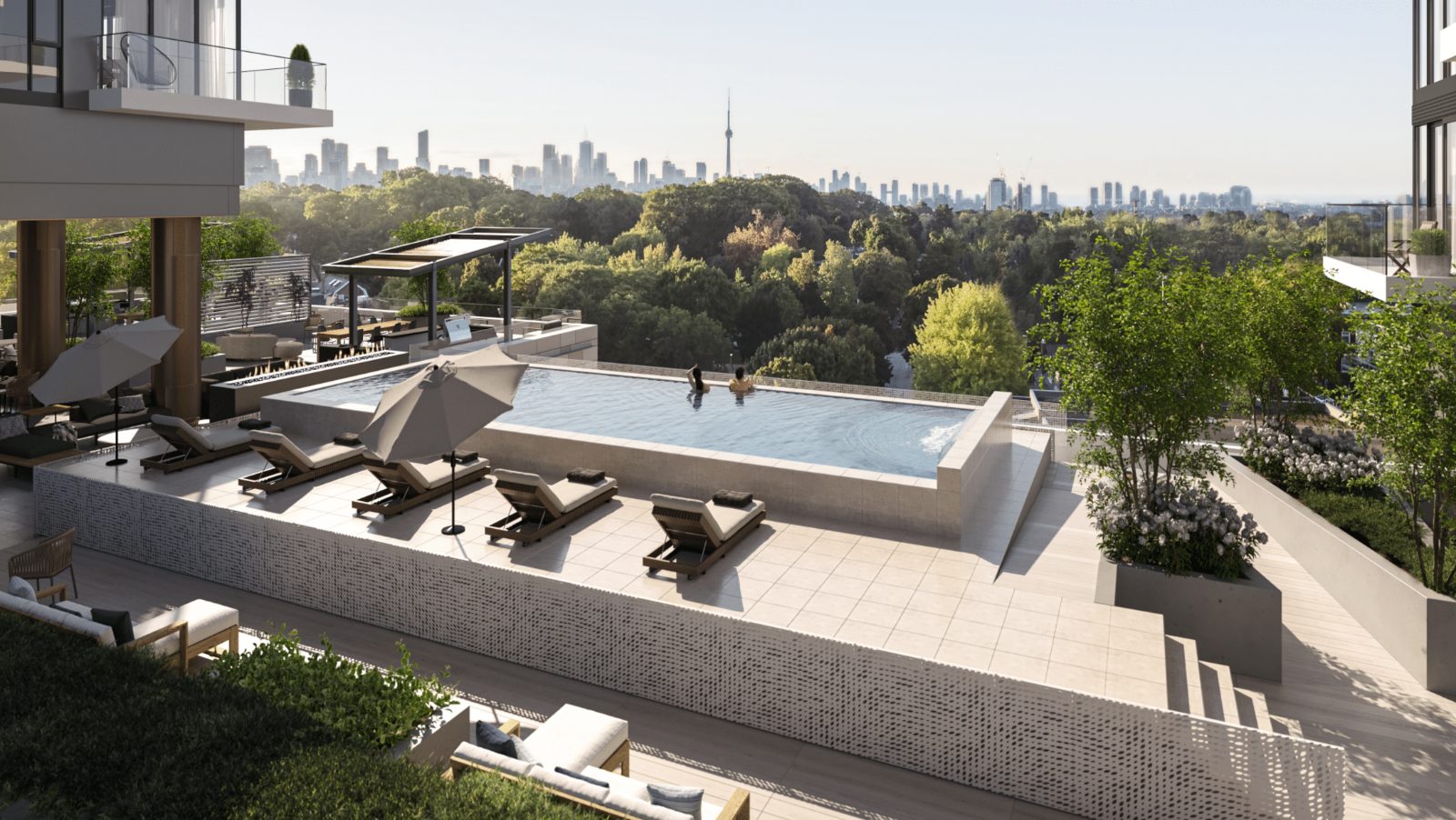 Rendering of the Forêt rooftop pool and lounge terraces above Forest Hill's tree canopy with the downtown Toronto skyline