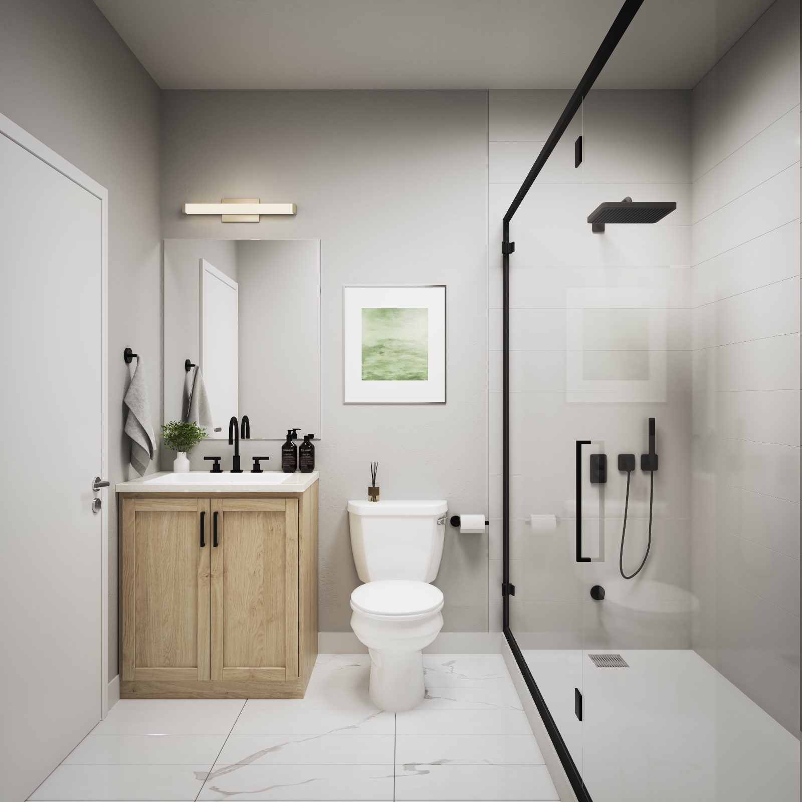 Sparrow bathroom with glass shower enclosure and wood vanity — artist's concept