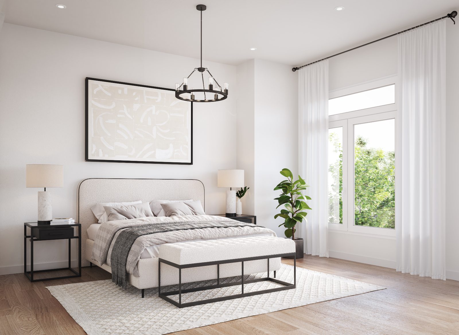 Sparrow bedroom with tall windows and transom overlooking trees — artist's concept