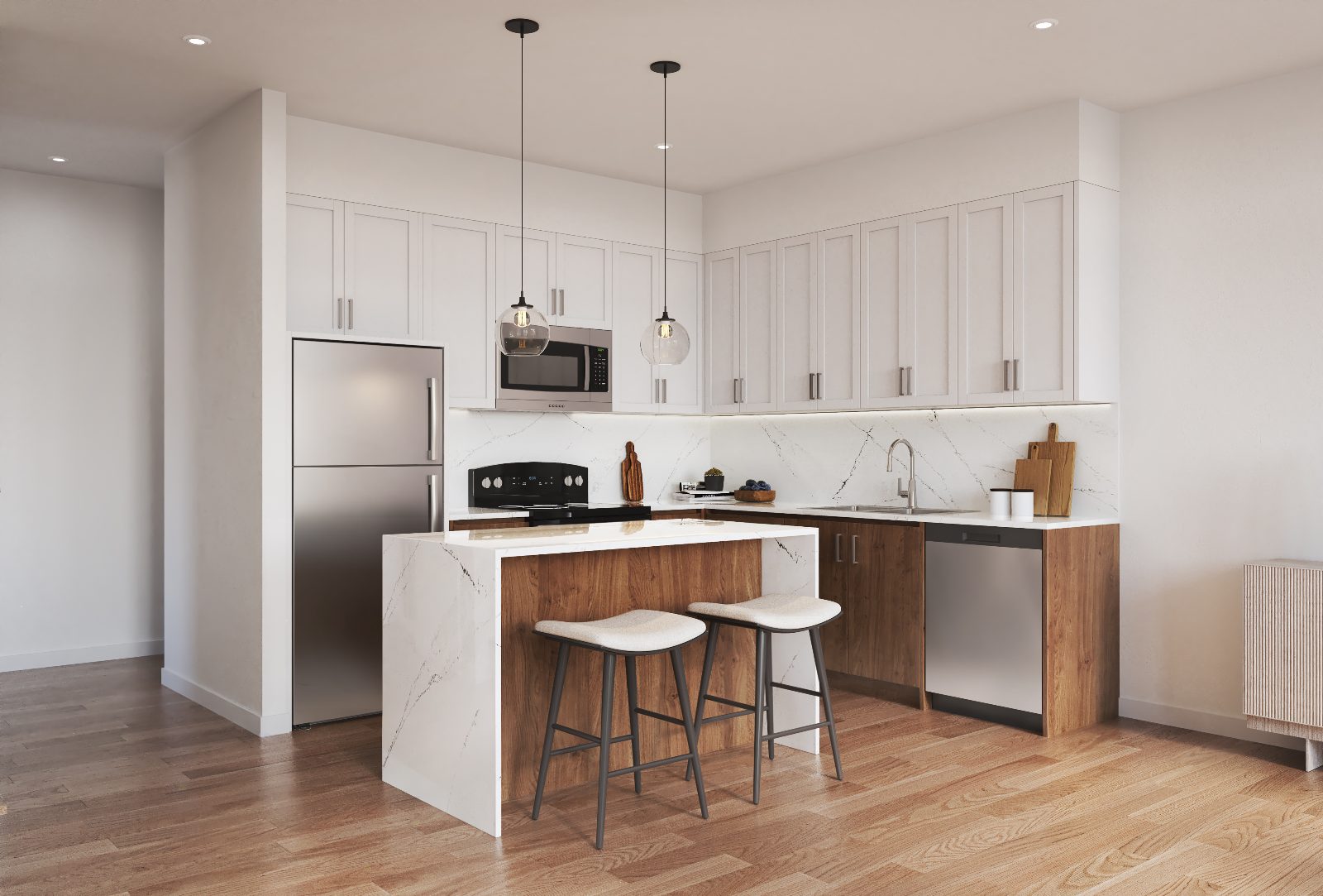 Sparrow kitchen with white shaker uppers, wood lowers and stainless appliances — artist's concept