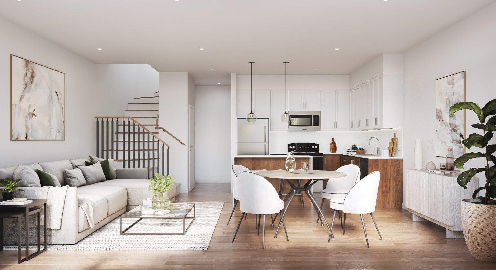 Sparrow open-concept living, dining and kitchen with oak staircase — artist's concept