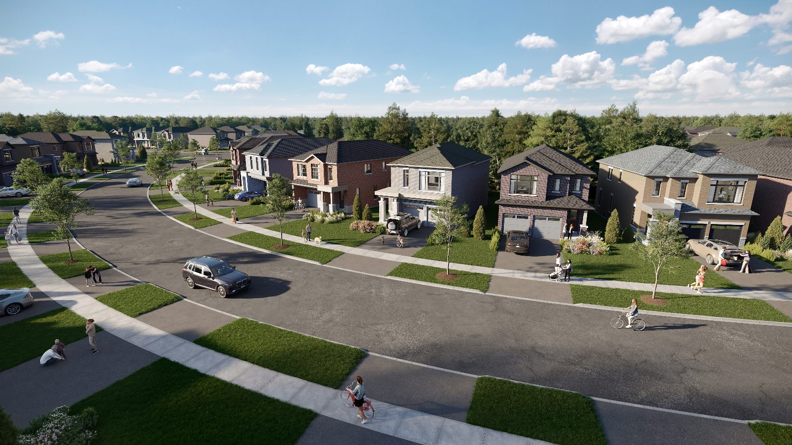 Rendering of a curving North Hill street lined with brick and stone detached homes