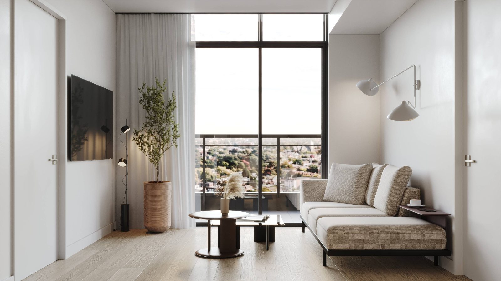 Suite living room with floor-to-ceiling window and balcony overlooking the city