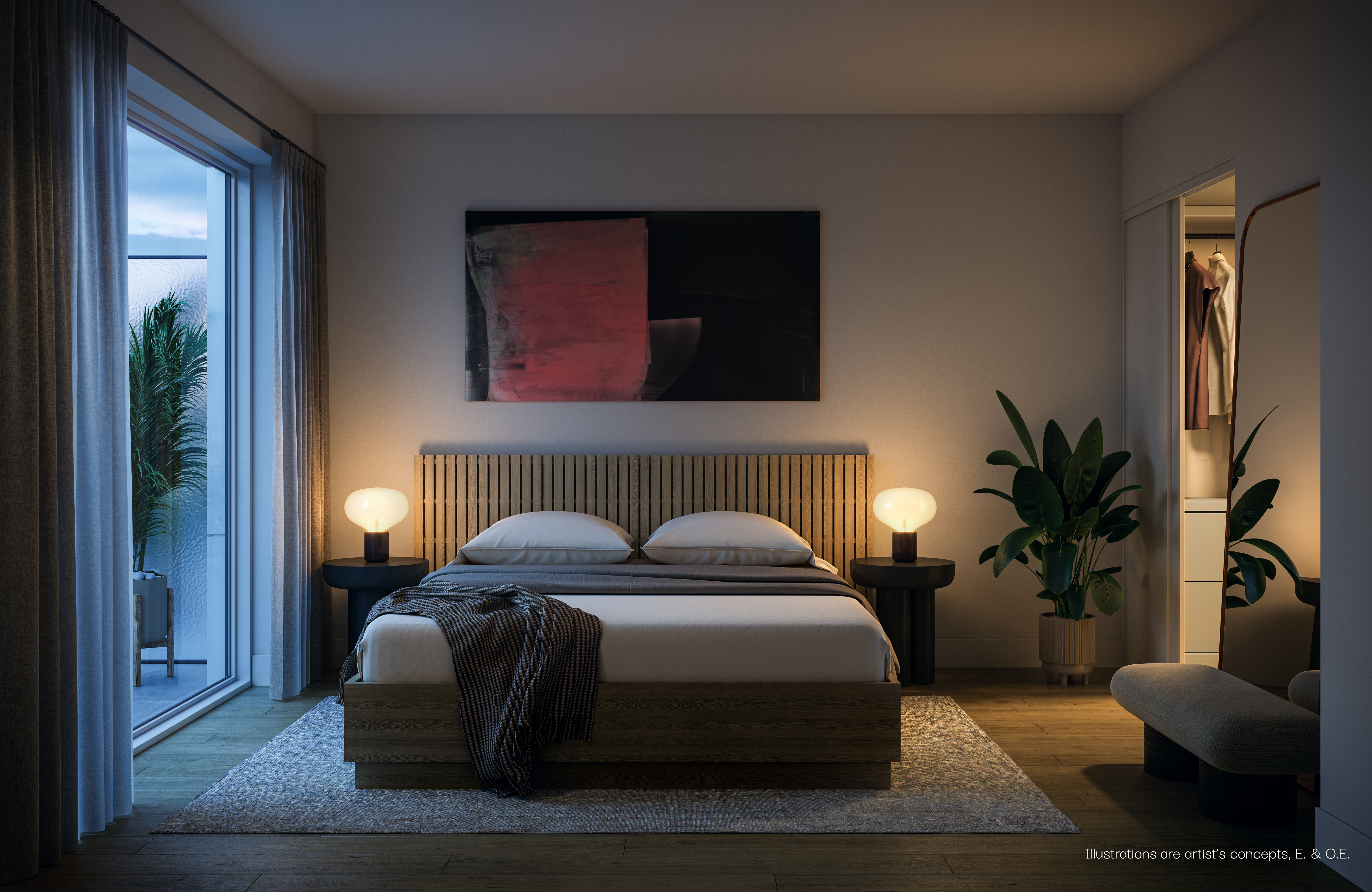 BLVD.Q suite bedroom with warm modern finishes