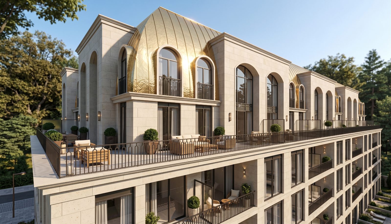The Bridle Prestige residence with golden domed arches and terraces