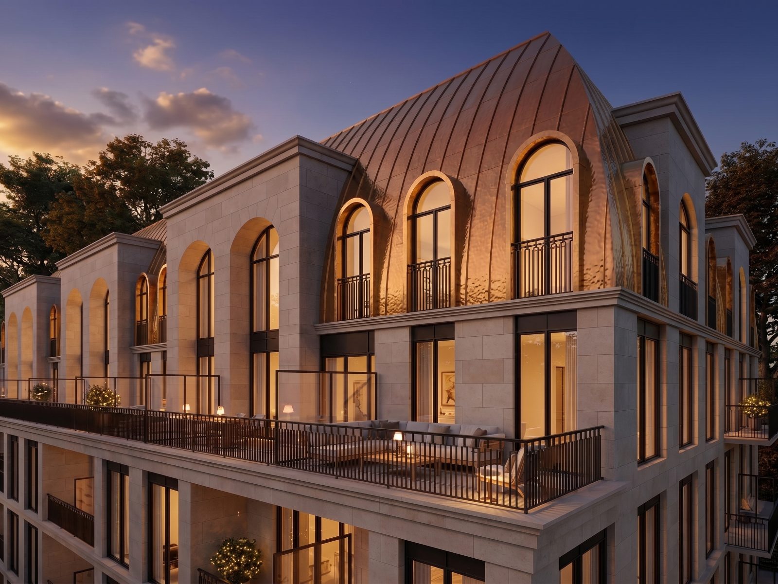Brass-toned curved roof and arched windows of The Bridle Path