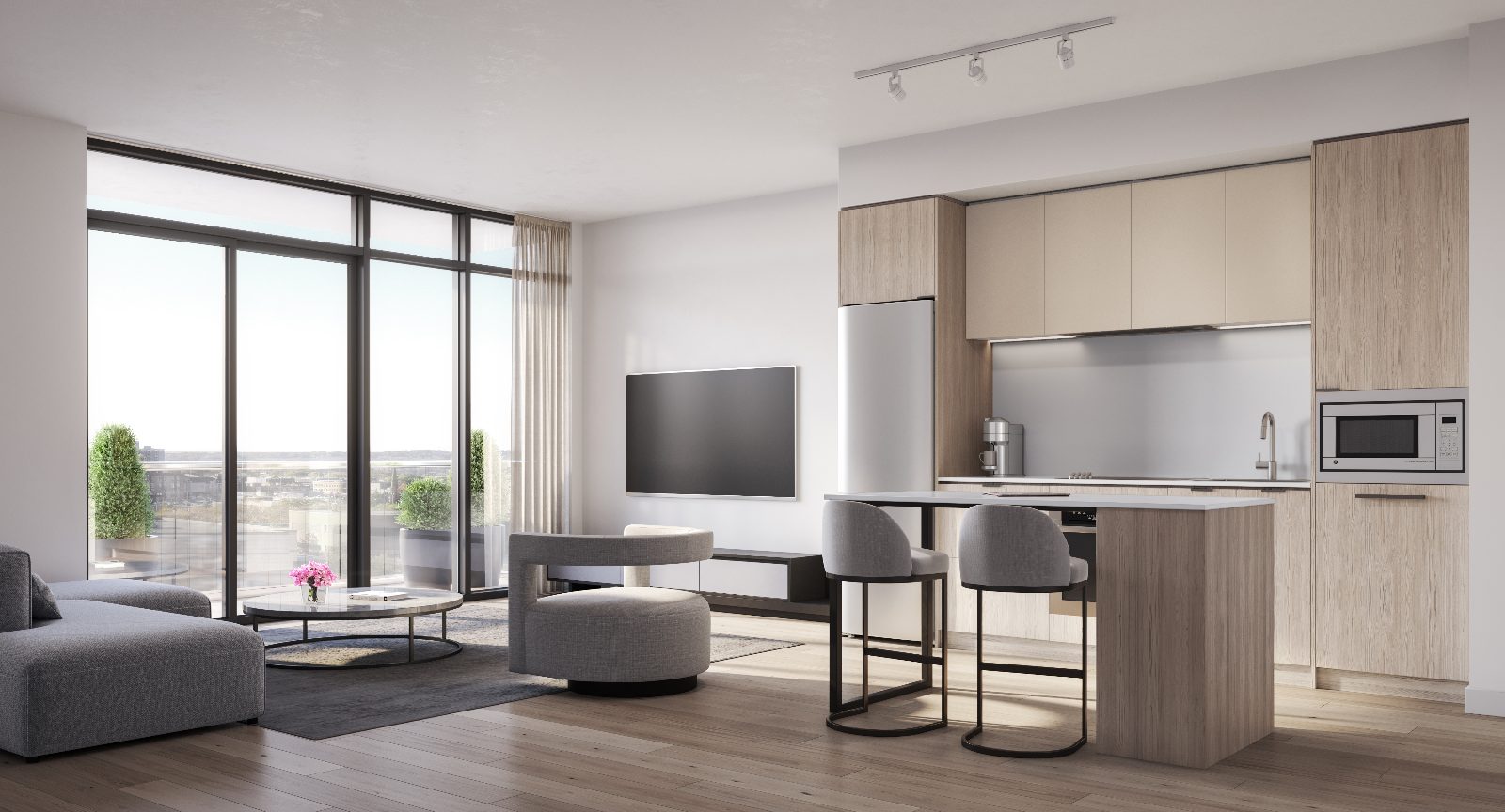 Bright suite interior in the Neige palette with open kitchen, island seating and floor-to-ceiling windows