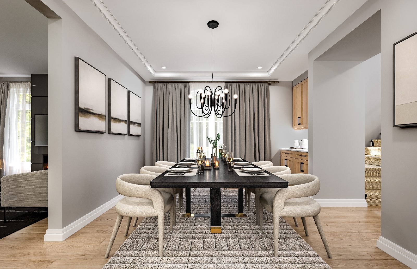 Rendering of a formal dining room with coffered ceiling and chandelier