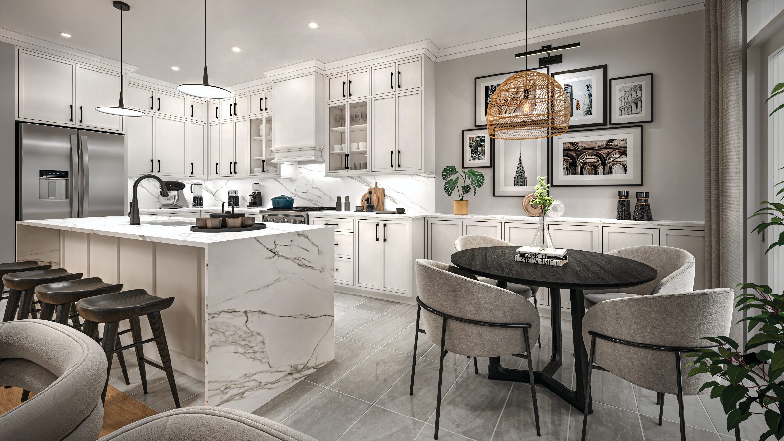 Rendering of a white kitchen with waterfall island and breakfast dining area at Trails of Whitevale