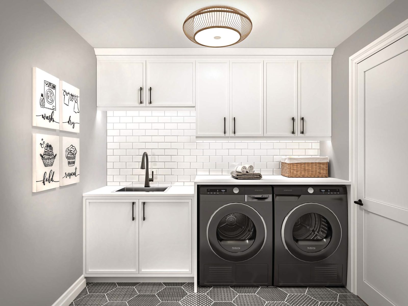 Rendering of a laundry room with white cabinetry and subway tile