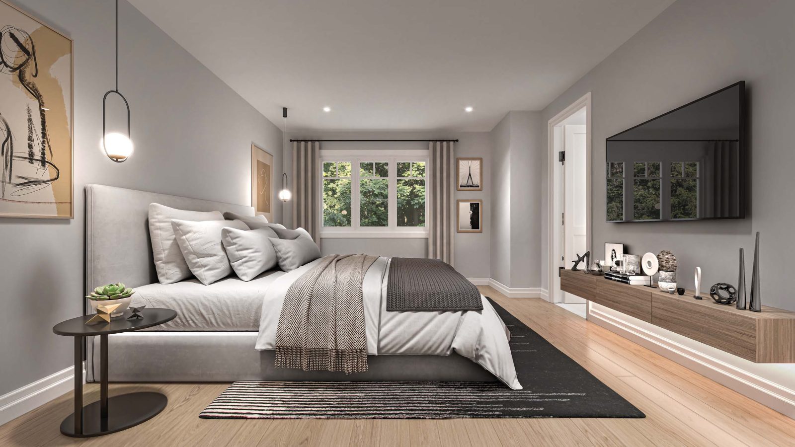 Rendering of a primary bedroom with hardwood-look flooring and treed view
