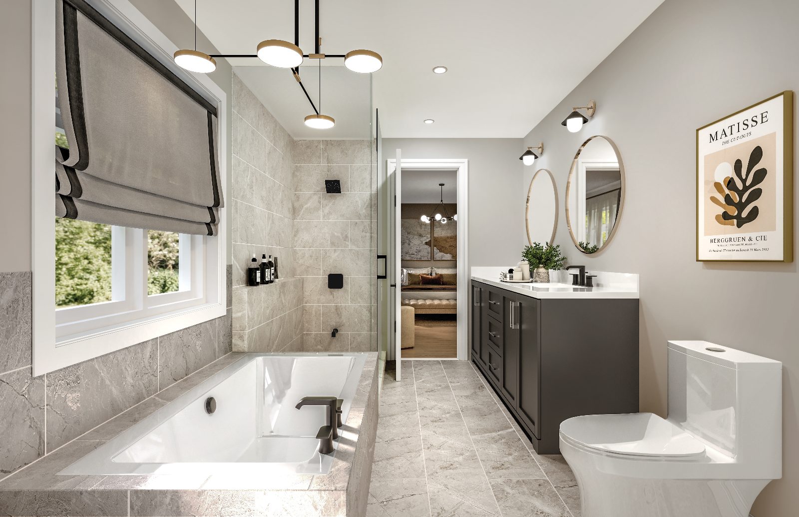 Rendering of a primary ensuite with soaker tub, glass shower and double vanity