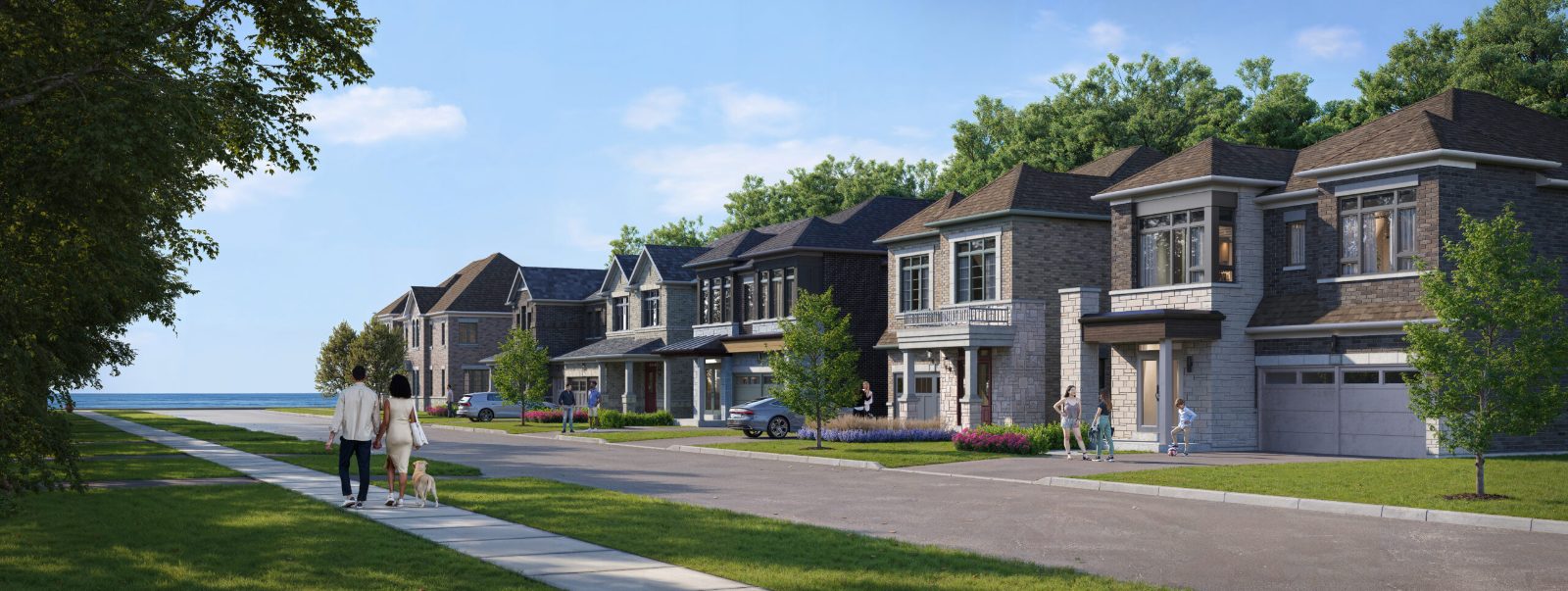 Streetscape rendering of detached homes at Park and Lake beside Lake Ontario