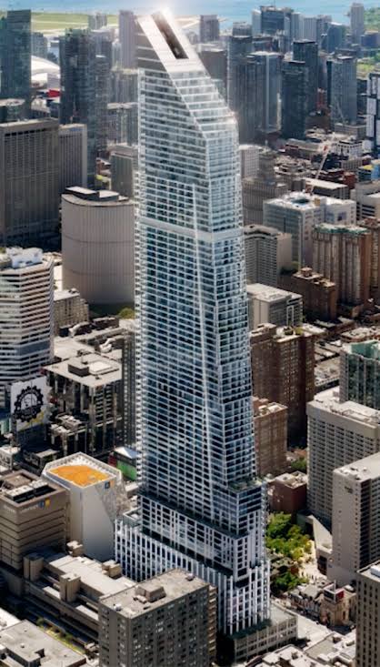 Close aerial rendering of the tapered Concord Sky tower with the waterfront beyond