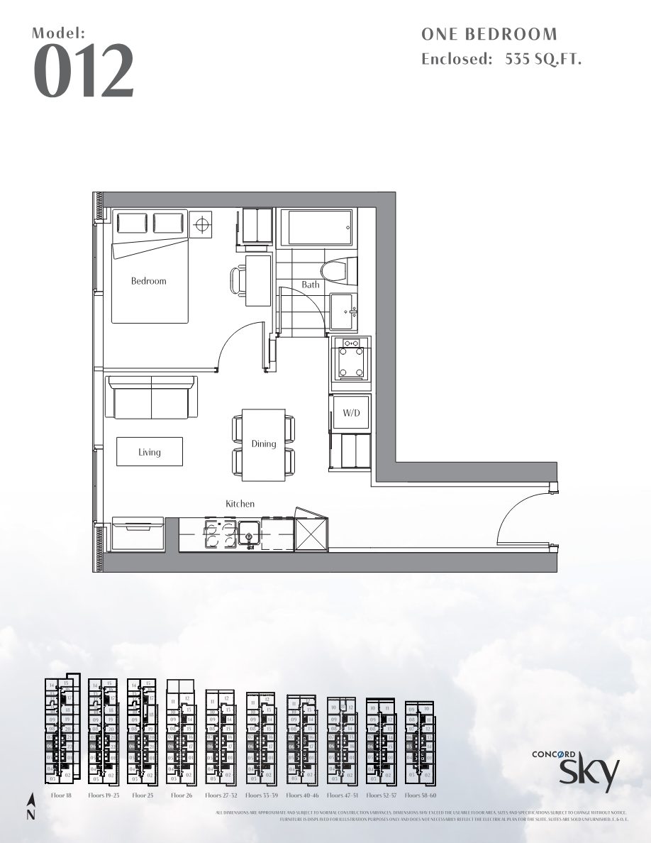 Floor plan of Model 012, one bedroom suite, 535 square feet