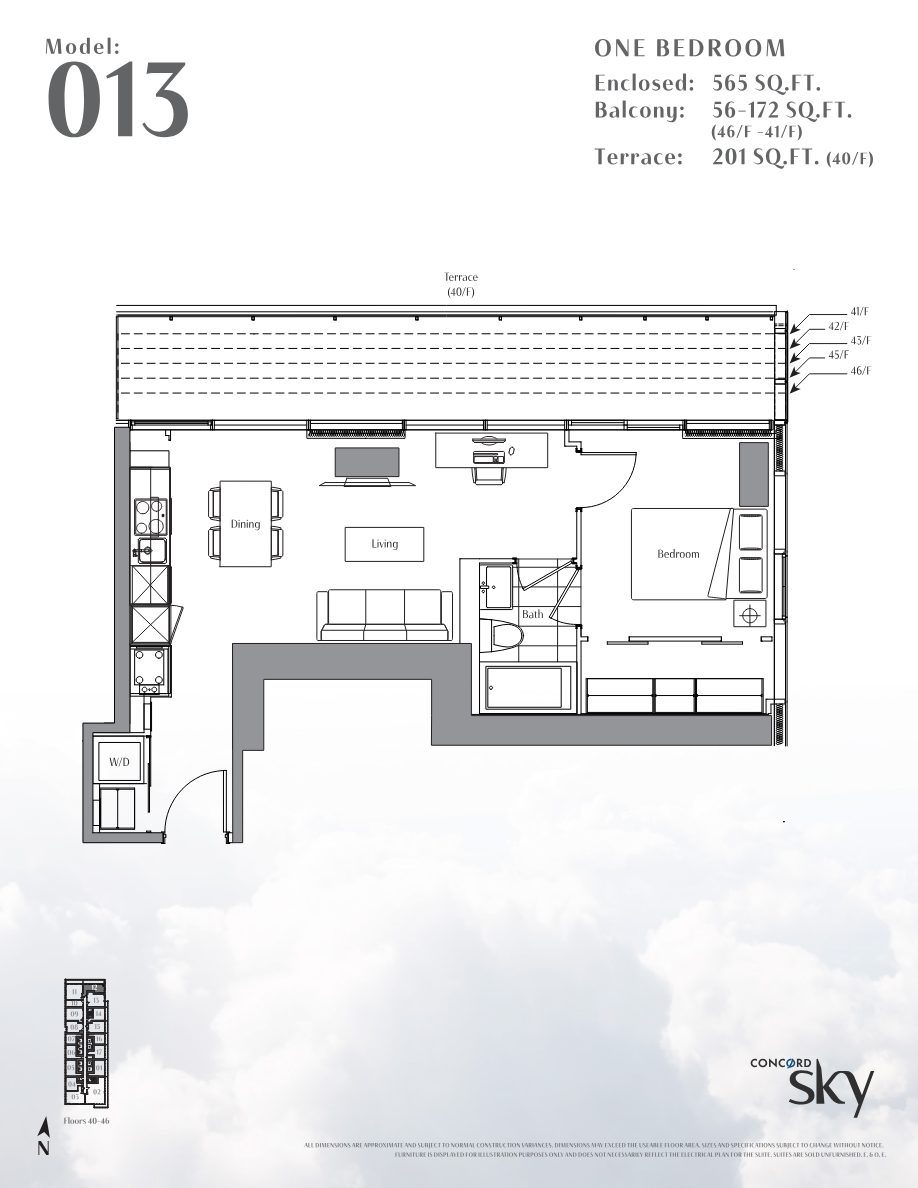 Floor plan of Model 013, one bedroom suite, 565 square feet with terrace