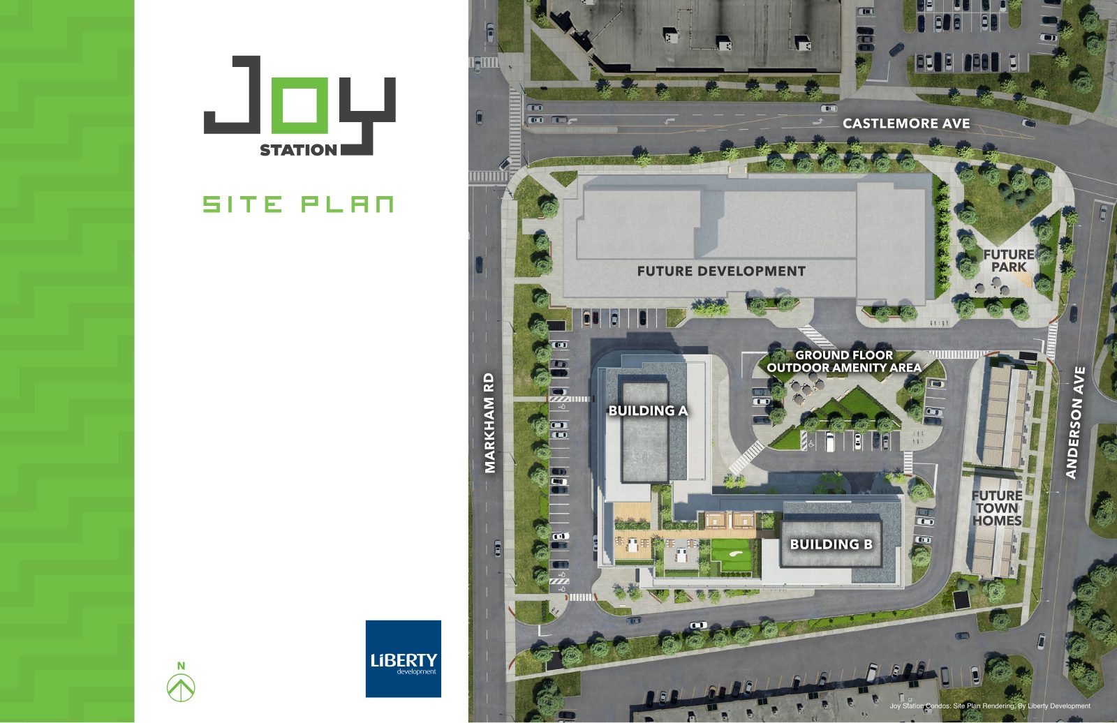 Aerial site plan rendering of Joy Station showing Building A, Building B, the ground floor outdoor amenity area, future park and future town homes at Markham Road and Castlemore Avenue