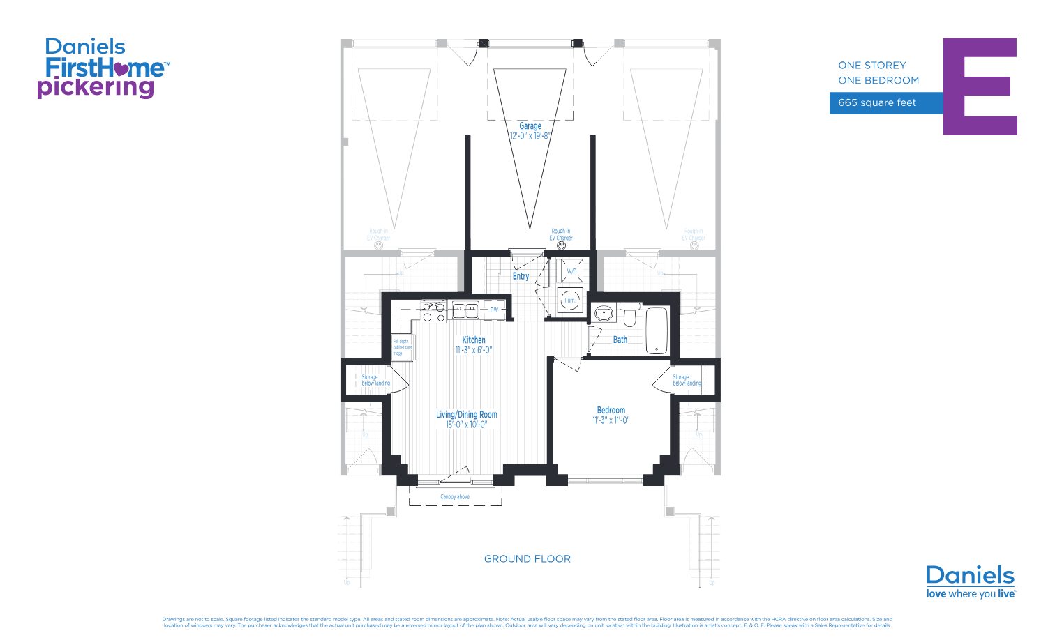 Suite E floor plan — one storey, one bedroom