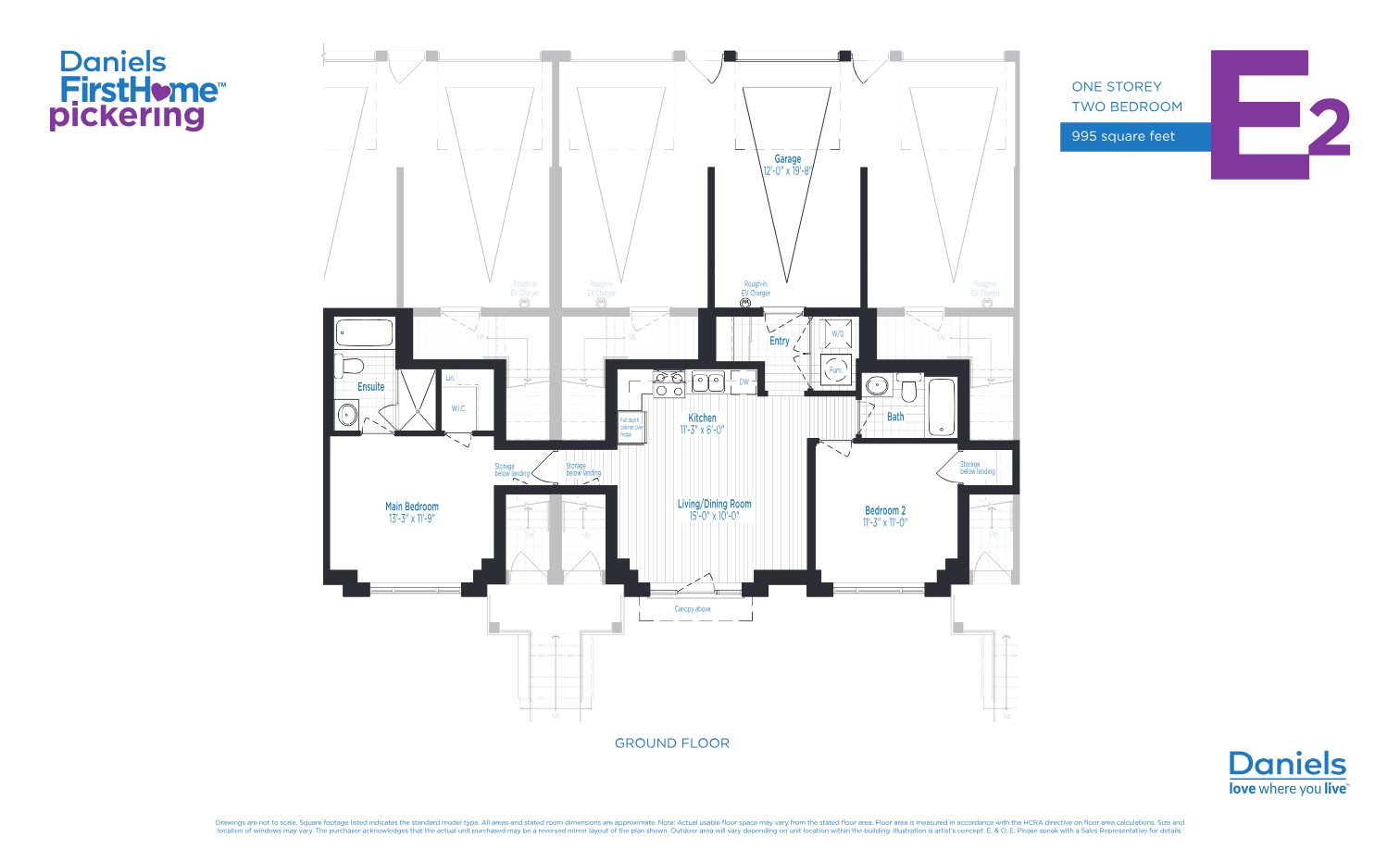Suite E2 floor plan — one storey, two bedroom