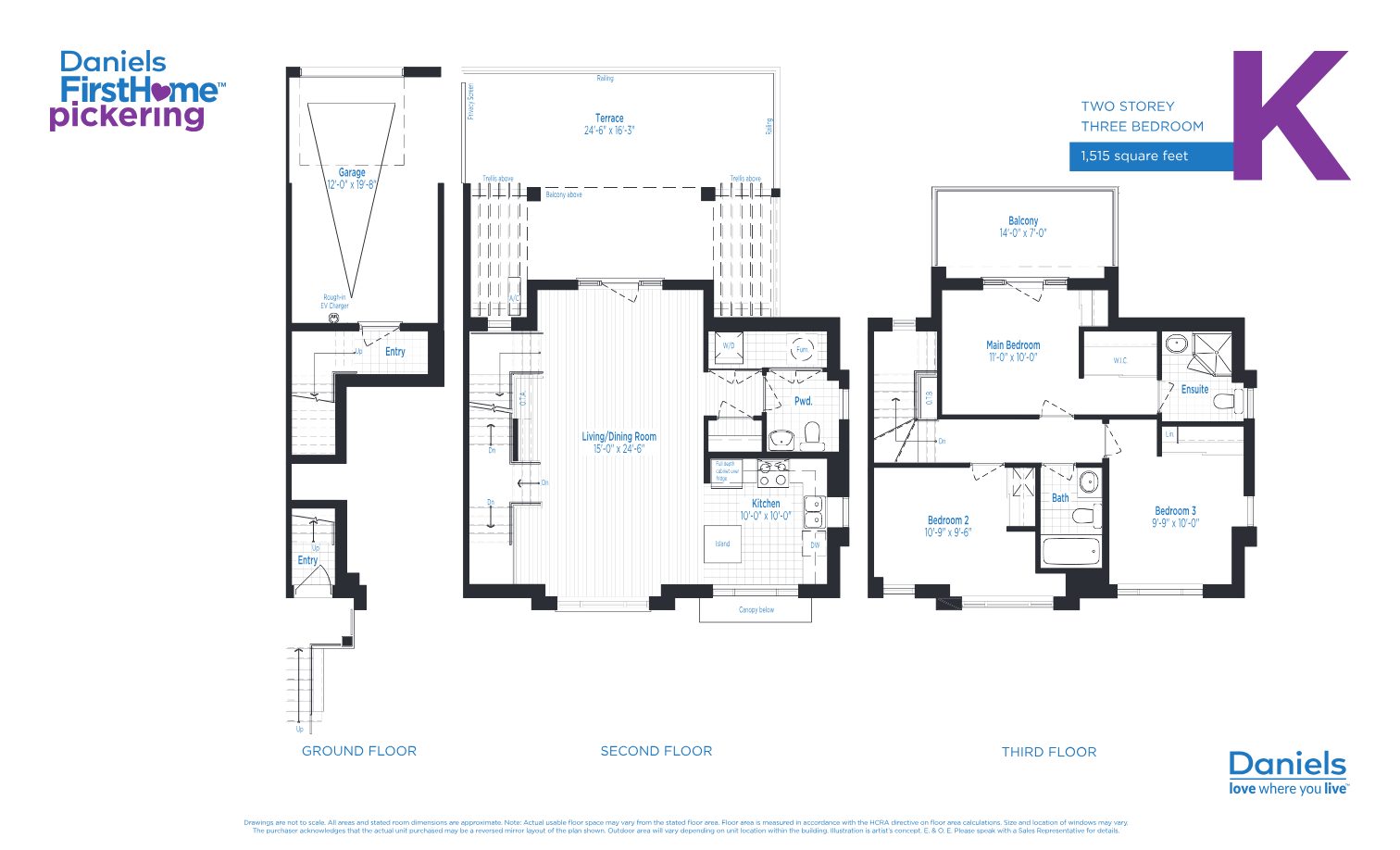 Suite K floor plan — two storey, three bedroom