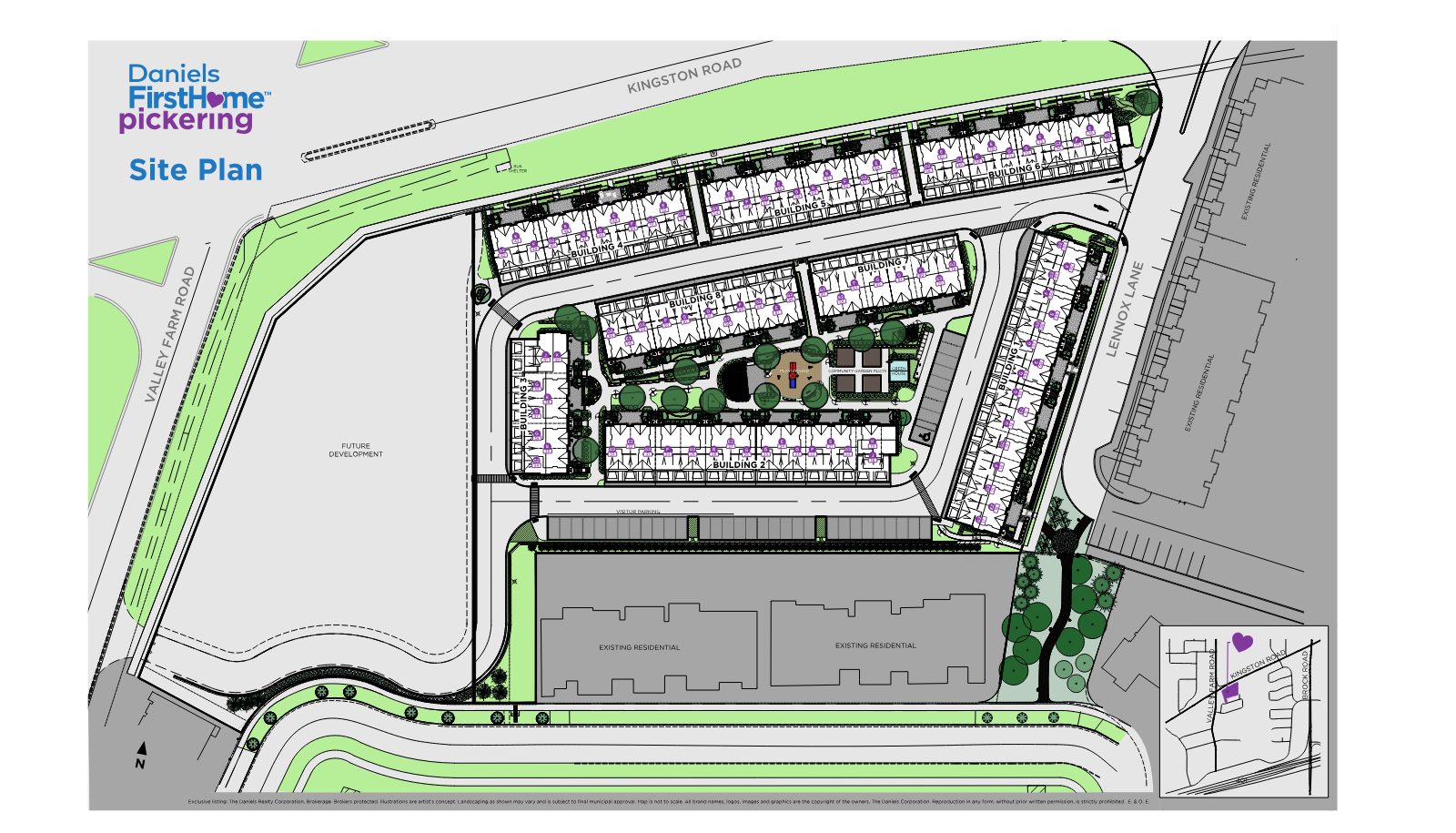 Daniels FirstHome Pickering site plan showing eight buildings, courtyard, playground and community gardens