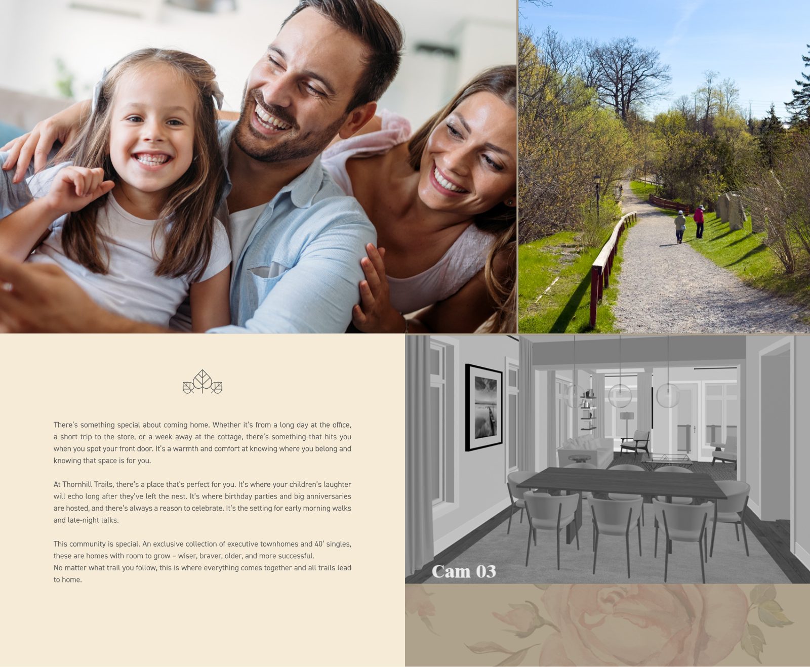 Thornhill Trails lifestyle — a family at home, a walking trail and an open dining room interior